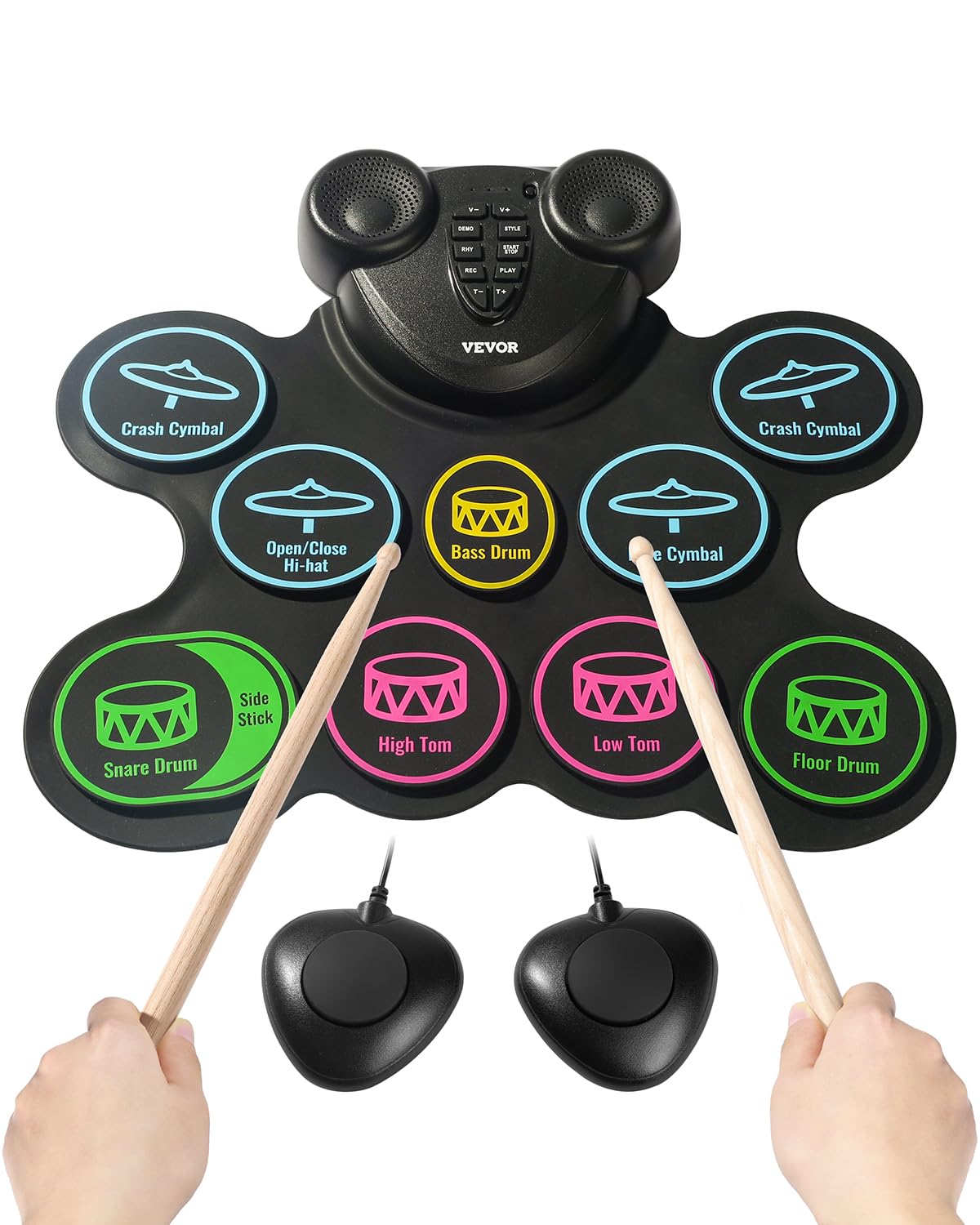 VEVOR Electric Drum Set, 9 Pads, Roll-up Drum Practice Pad, Electronic Drumset with Headphone Jack, Pedals, Sticks, Built-in Dua
