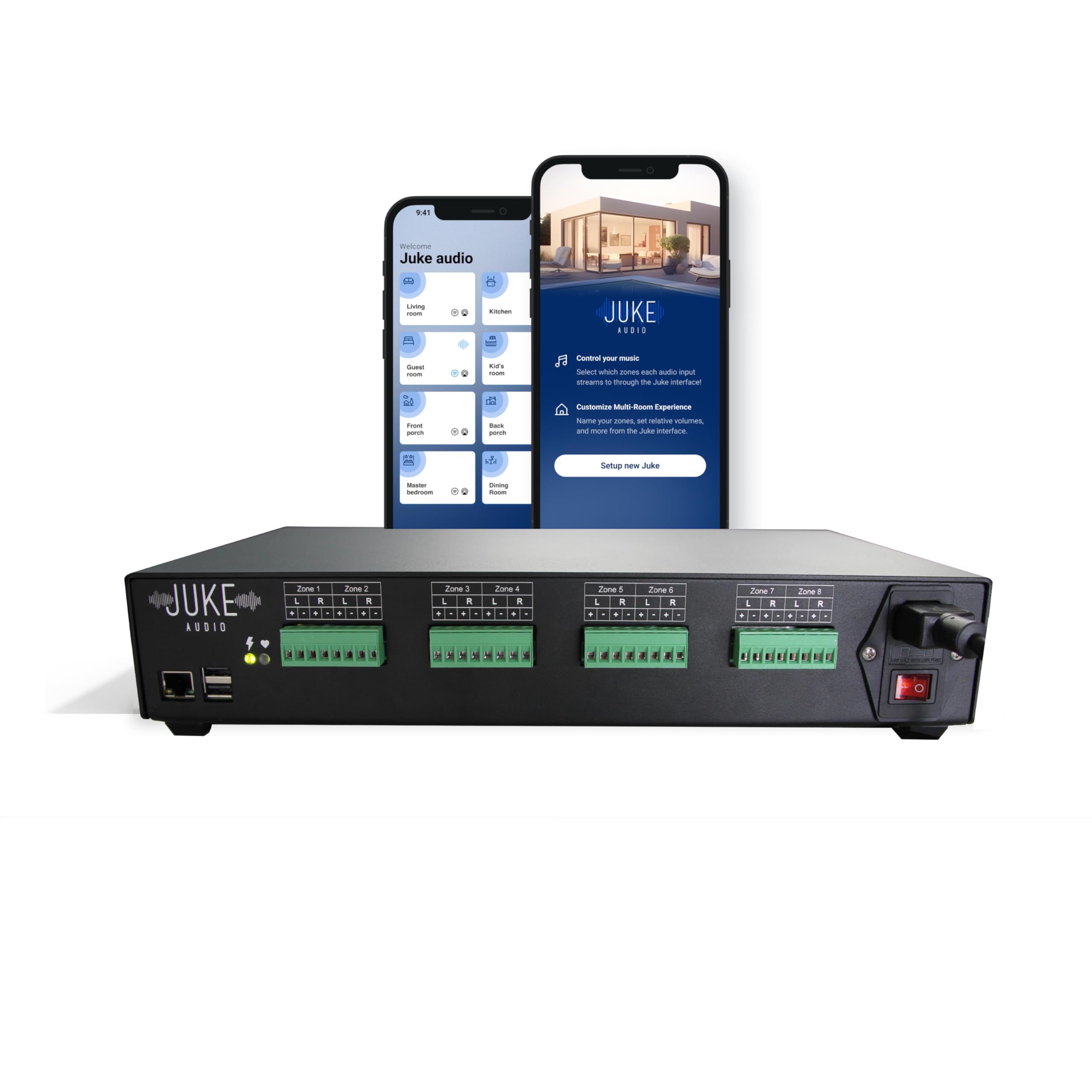 Juke-6 | 6 Zone Audio Amplifier | Wirelessly Controlled Multi-Room Audio System | Compatible with Airplay 2, Spotify Connect, Bl