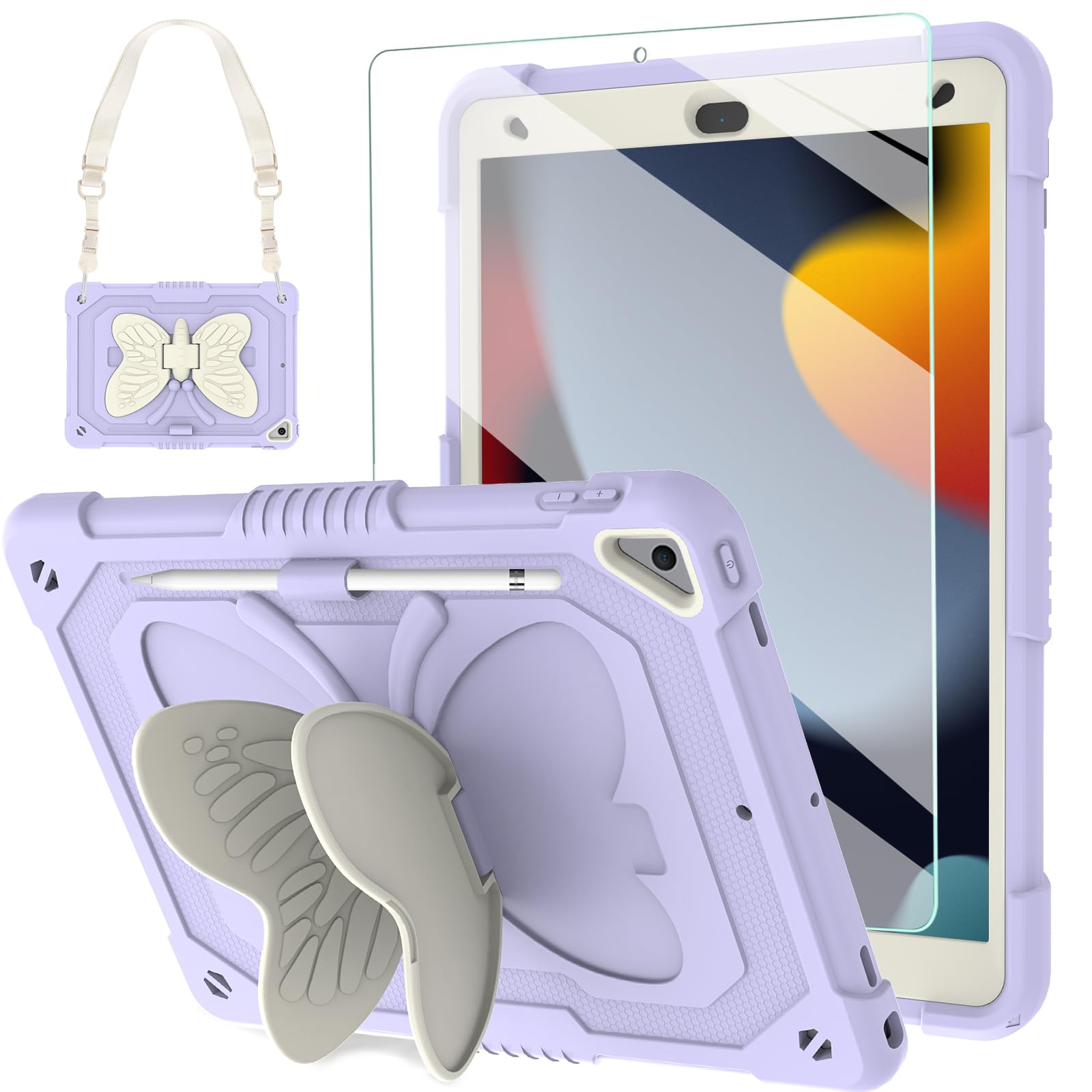 Blosomeet Purple Case For Ipad 10.2 Inch With Tempered Glass Screen Protector,Ipad 9Th/8Th/7Th Gen Cover With Stand Pencil Holde