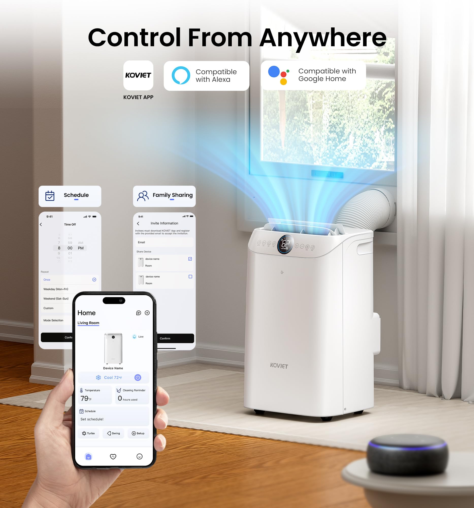 Koviet 14000 Btu Portable Air Conditioners, 6-In-1 Wi-Fi Smart Ac Unit With App & Voice Control, Remote Access, Self-Evaporating
