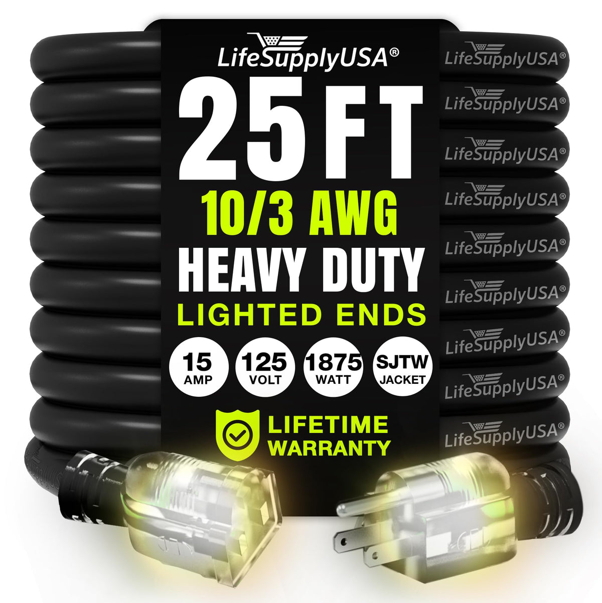 25Ft Outdoor/Indoor Extension Cord 10/3 Gauge Ultra Heavy Duty 3 Prong Sjtw, Waterproof, Flexible Cold-Resistant Long Power Cord