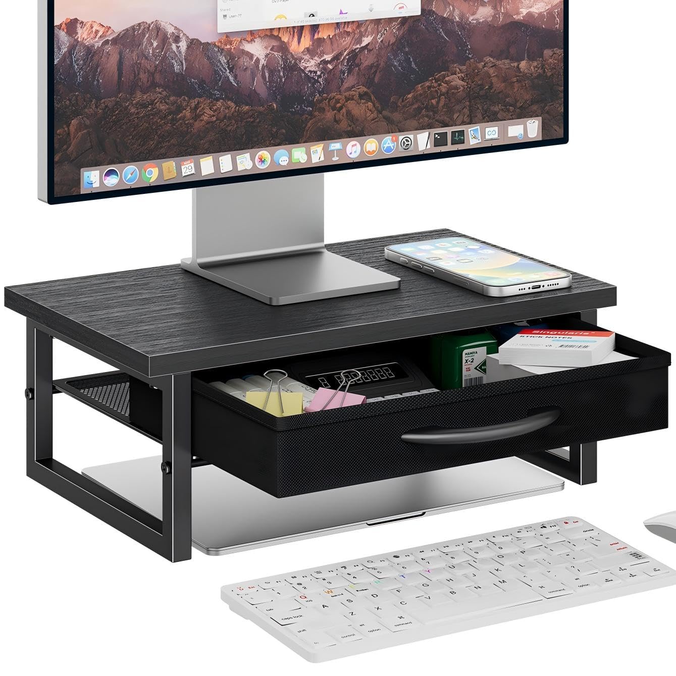 Ekisemio 2Tier Monitor Stand with Fabric Drawer  Wood and Metal Computer Riser, Desk Organizer for Office, Black