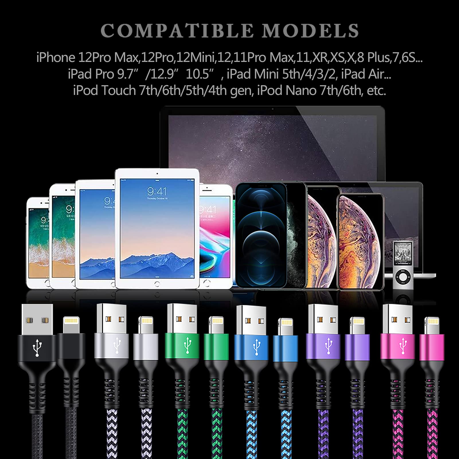 Iphone Charger [6Ft 6Pack] Apple Certified Lightning Cable Fast Charging Nylon Braided Phone Charger Cord For Iphone 14 13 12 Pr