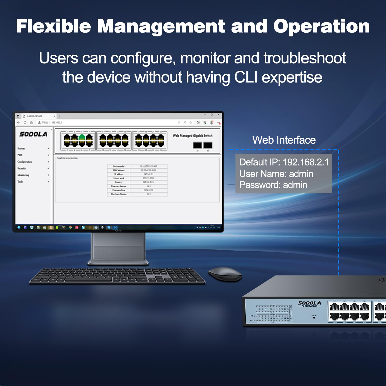 Sodola 24 Port Poe Gigabit Managed Switch 400W,24 Ge Poe Port,2 Ge Uplinks, Ieee802.3Af/At, 19 Inch Rackmount, Static Link Aggre