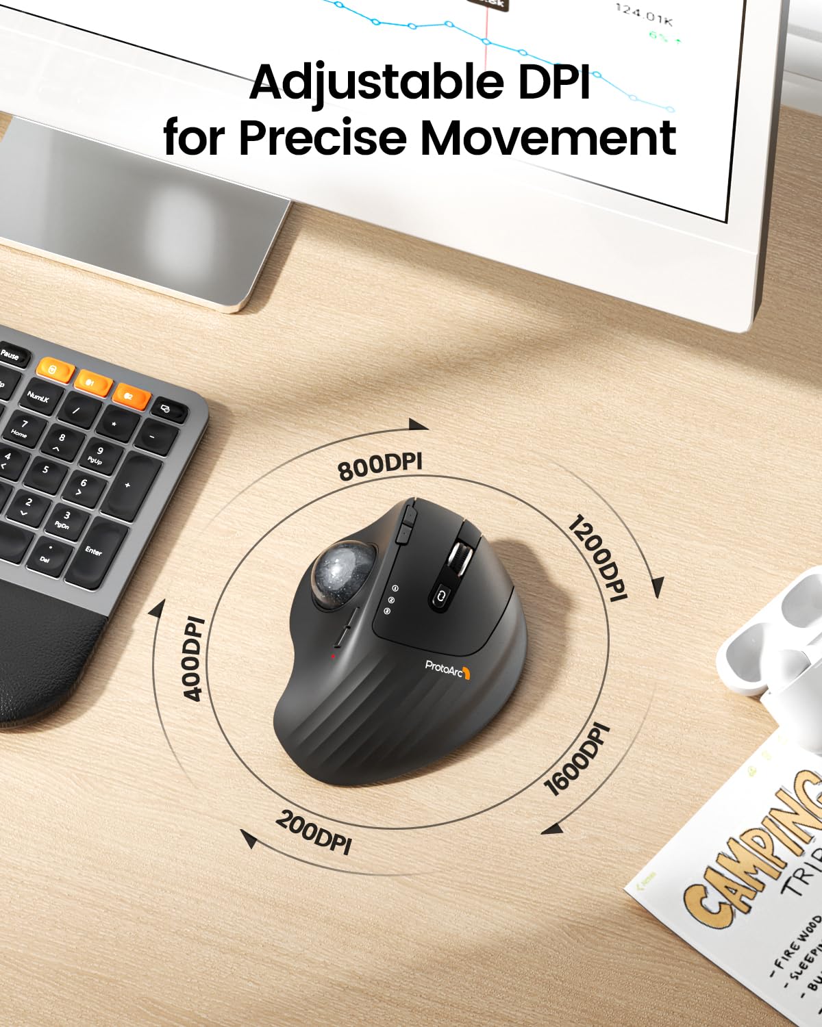 Protoarc Wireless Trackball Mouse, Em01 Nl Ergonomic Bluetooth Rollerball Thumb Mouse Rechargeable Computer Laptop Mouse, Adjust