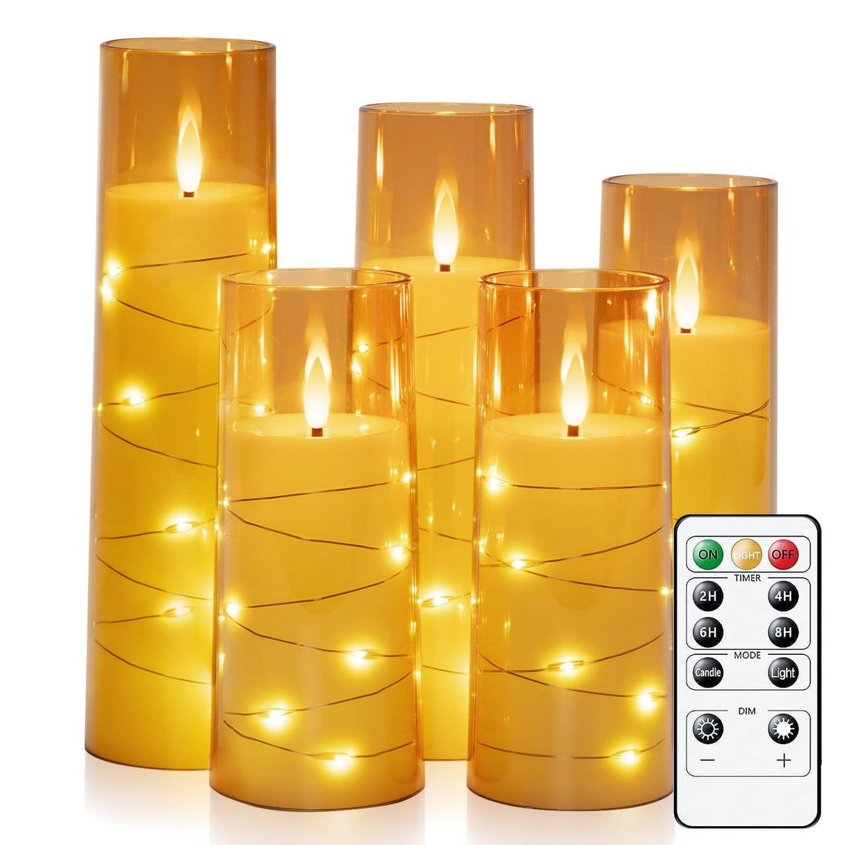 Raycare Flameless Led Candles With Embedded Star String, 5 Pcs Battery Operated Acrylic Pillar Candles With Timer And Remote, Fl