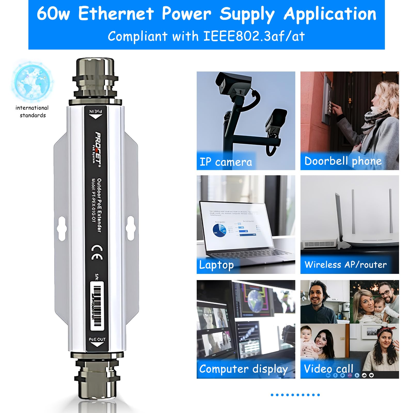 Procet Poe60W Gigabit Outdoor Ip67 Waterproof Poe+ Extender,10/100/1000Mbps,Waterproof Monitor Extender For Network Cameras And