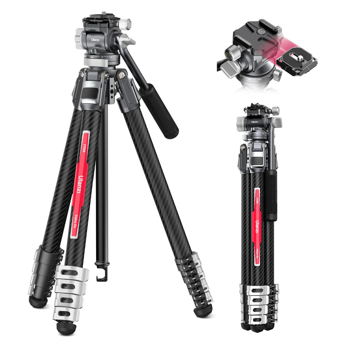 Ulanzi TT09 VideoGo Travel Tripod, 56' Carbon Fiber Camera Tripod with Arca QR & 360° Ballhead & Handle, Compact Lightweight Tripod for Photography/Video Shooting, for Most Cameras/DSLR/Projector