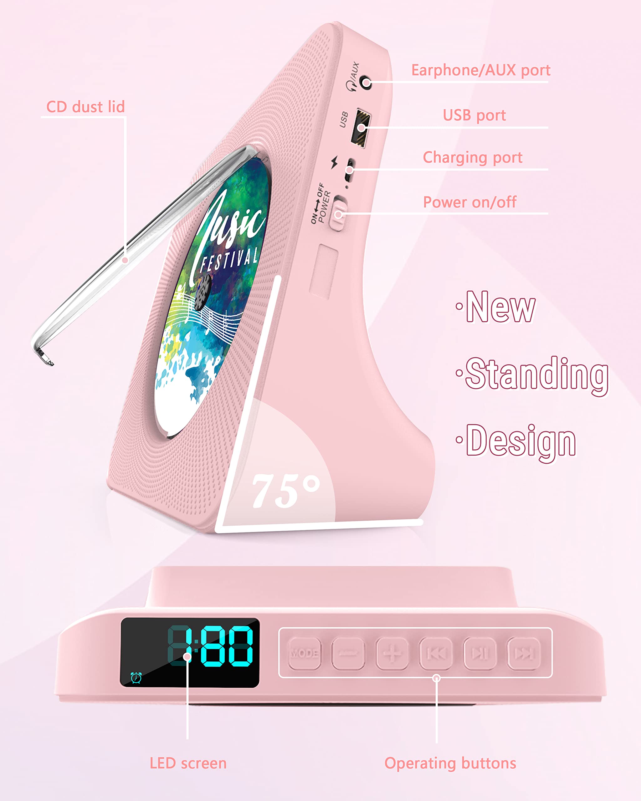 Greadio Cd Player Portable With Bluetooth 5.0, Hifi Sound Speaker, Cd Music Player With Remote Control, Dust Cover, Fm Radio, Led Screen, Support Aux/Usb, Headphone Jack For Home, Kids, Kpop, Gift