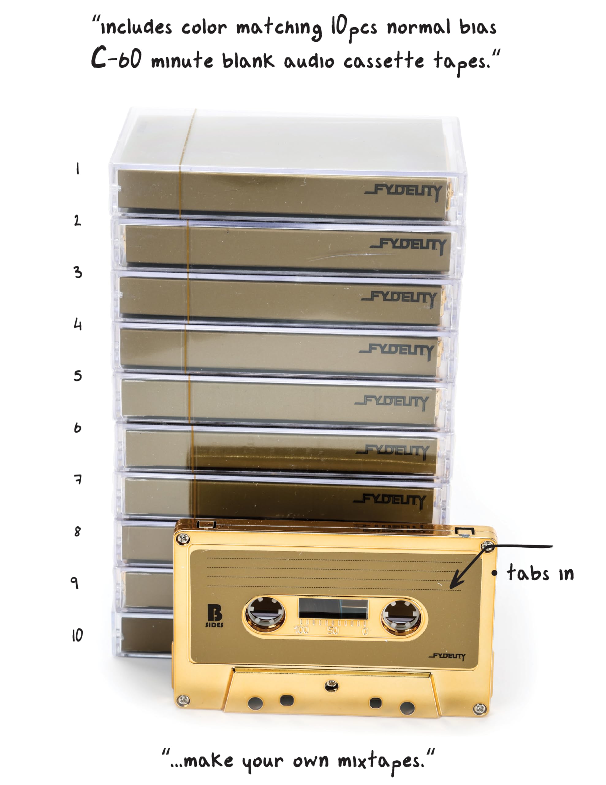 Fydelity 10-Piece Blank Cassette Tape Storage Set - Features 60 Minutes Clear Tape Cassette Storage For Recording Blank Audio -