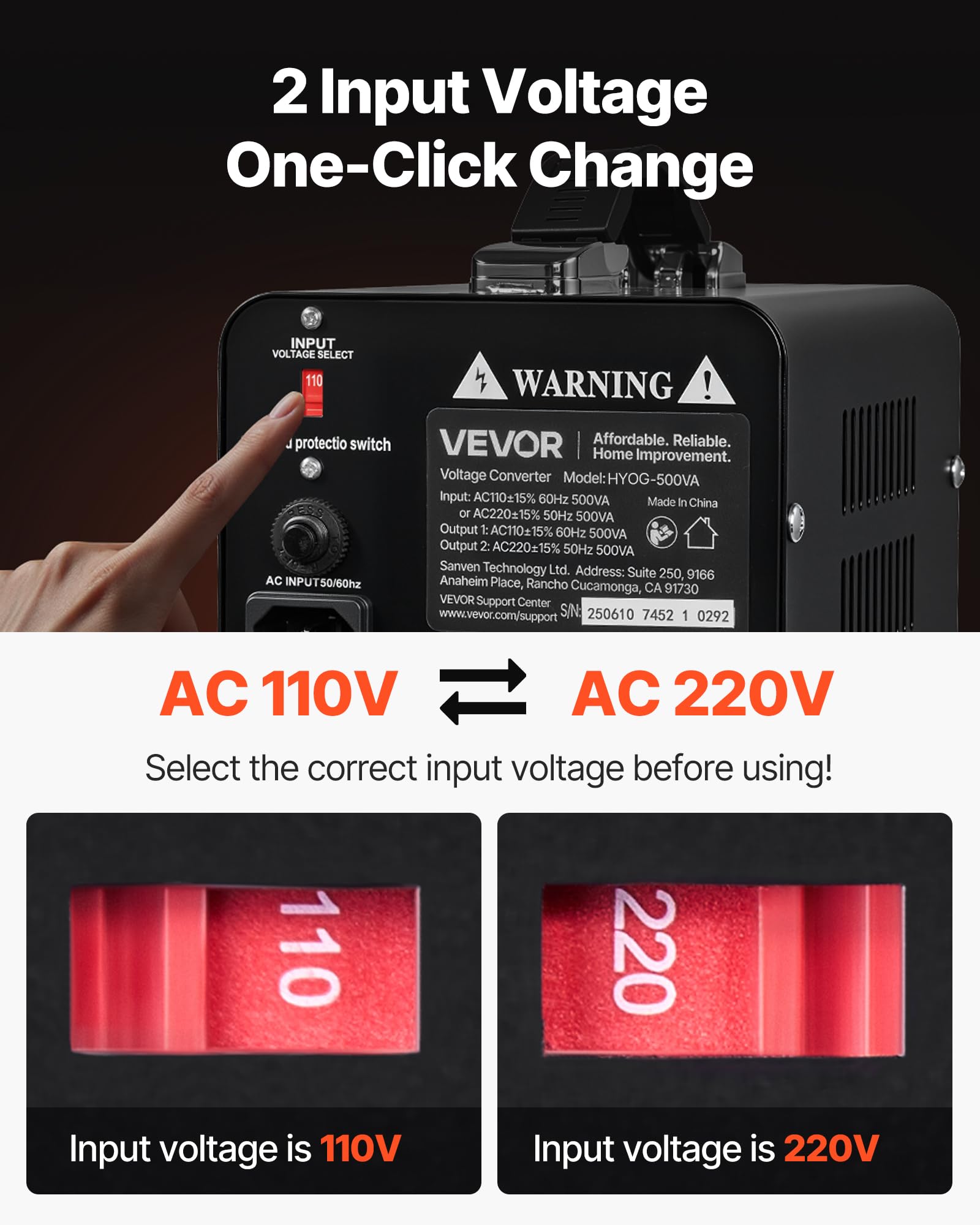 Vevor Voltage Converter Transformer, 500Va, Heavy Duty Step Up/Down Power Transformer, Convert From 110V To 220V And 220V To 110