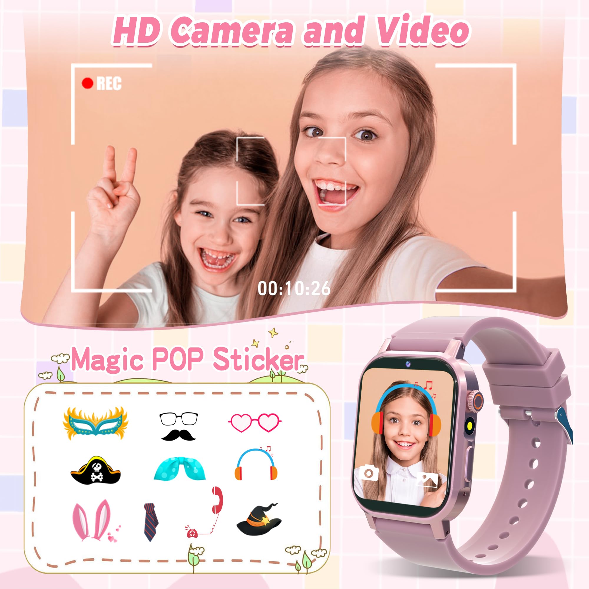 Kids Smart Watch Gifts For Girls Age 4-12, 32 Games Hd Touch Screen Kids Watch With Camera Video Music Sports Pedometer Flashlig