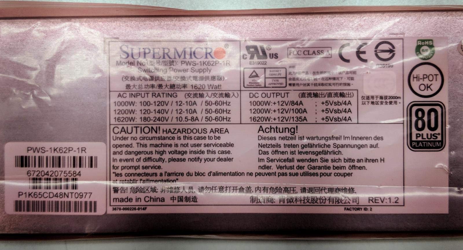 Supermicro PWS 1K62P 1R 1620 Watt Power Supply   180 240 V