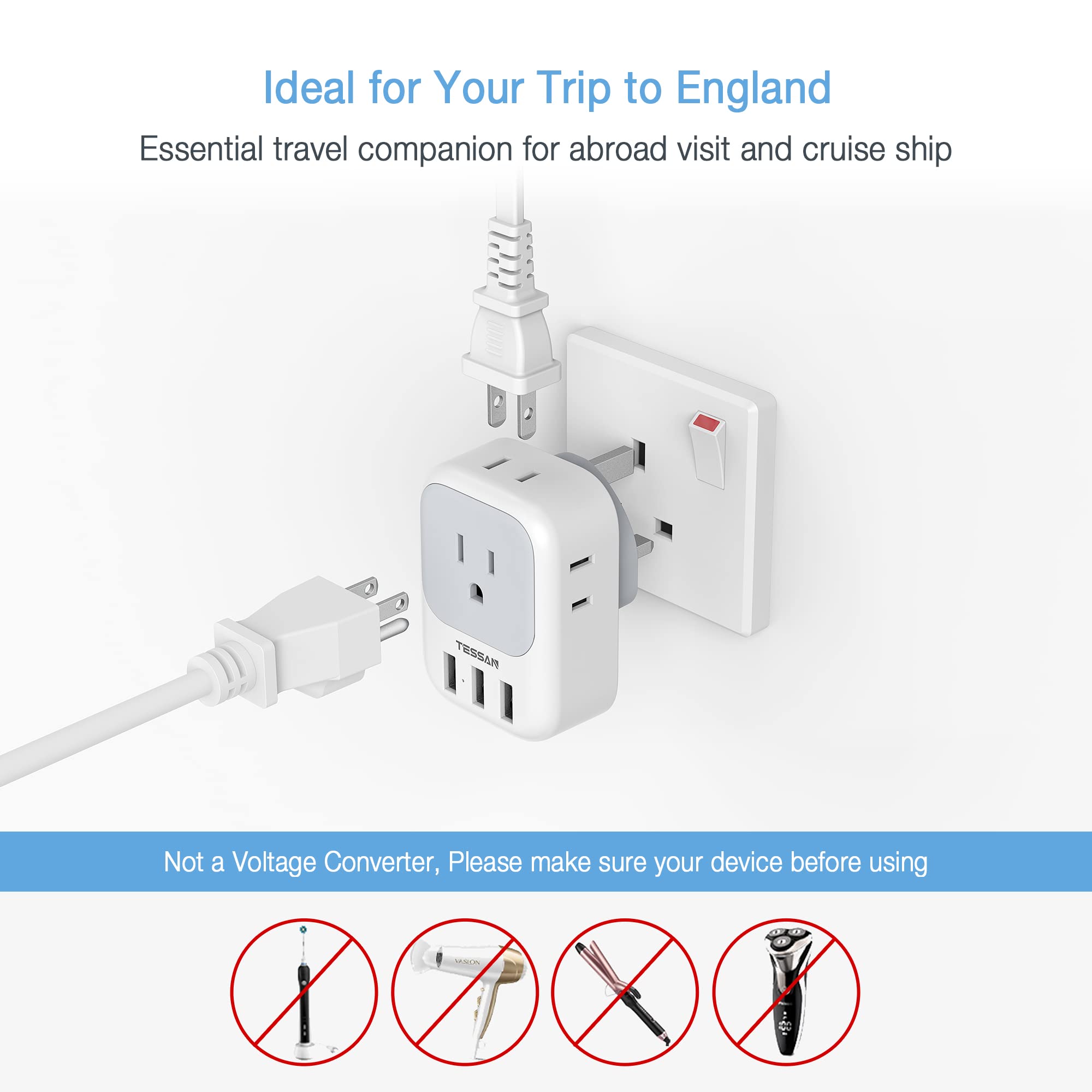 Us To Uk Plug Adapter, Tessan Type G Ireland Travel Adaptor With 4 Electrical Outlet 3 Usb Charger, Usa To England Scotland Lond