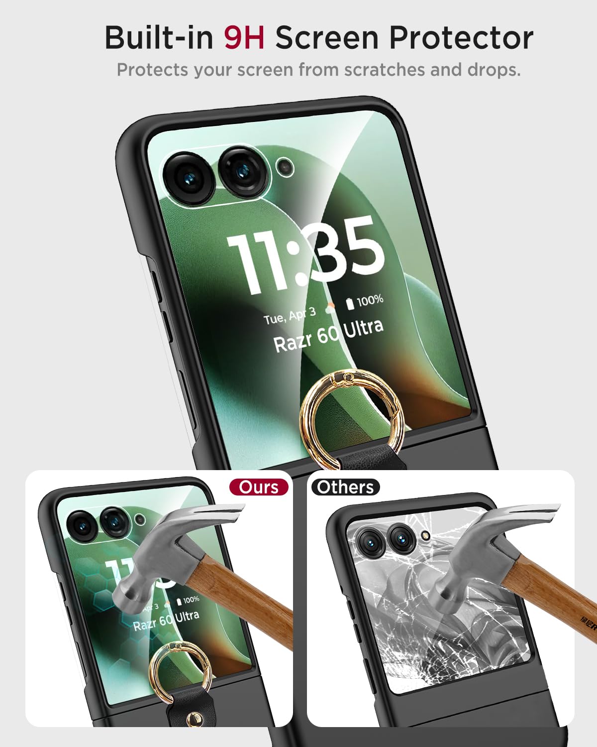 Miimall Thin For Motorola Razr Ultra 2025 Case With Ring Holder,[Tempered Glass Screen Protector & Military Grade Protection] Ul