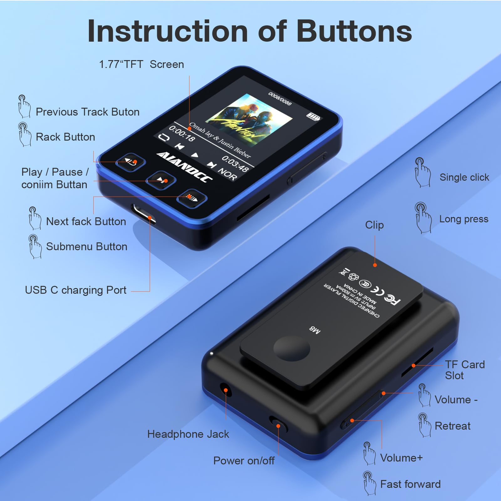 Mp3 Player With Bluetooth 5.3, Hifi Music Player With Sports Clip And Armband, 1.77-Inch Tft Color Screen, 32Gb Mp3 Player For K