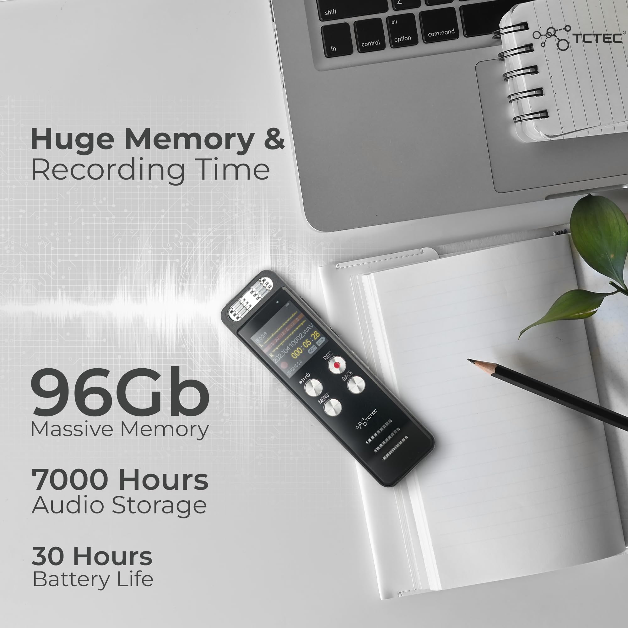 96Gb Tctec Digital Voice Recorder With 7000 Hours Recording Capacity, Audio Noise Reduction, Sound Tape Recorder With Playback,