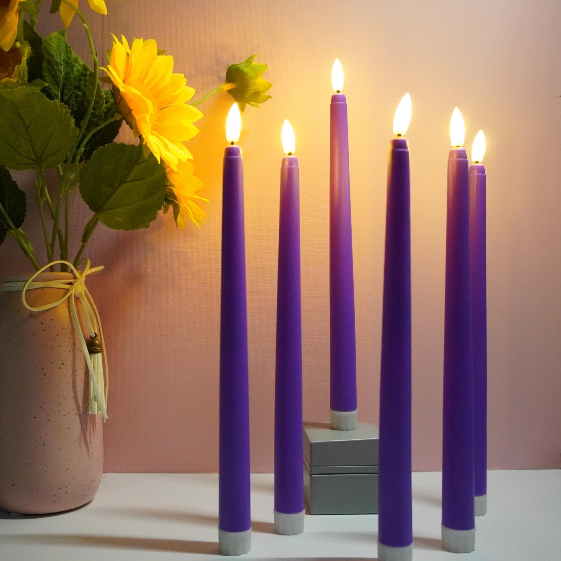 Ni Jasw Purple Flameless Taper Candles With Remote, Flickering Battery Operated Led Candlesticks Set Of 6