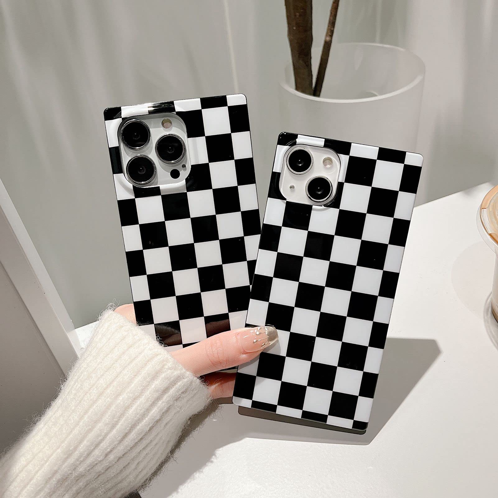 Rectangle Checkered Phone Case For Iphone 13 Pro Black White Grids Plaid Checkerboard Slim Soft Classic Trunk Design Strong Shoc