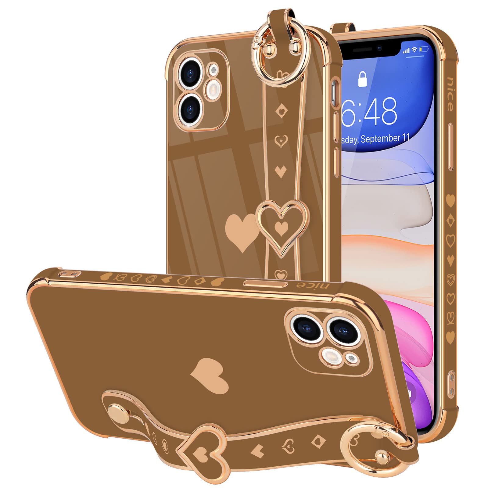 Llz.Coque For Iphone 11 Case Cute Love Heart Plating Wristband Phone Cover For Women Girls Bling Soft Silicone Camera Lens Prote