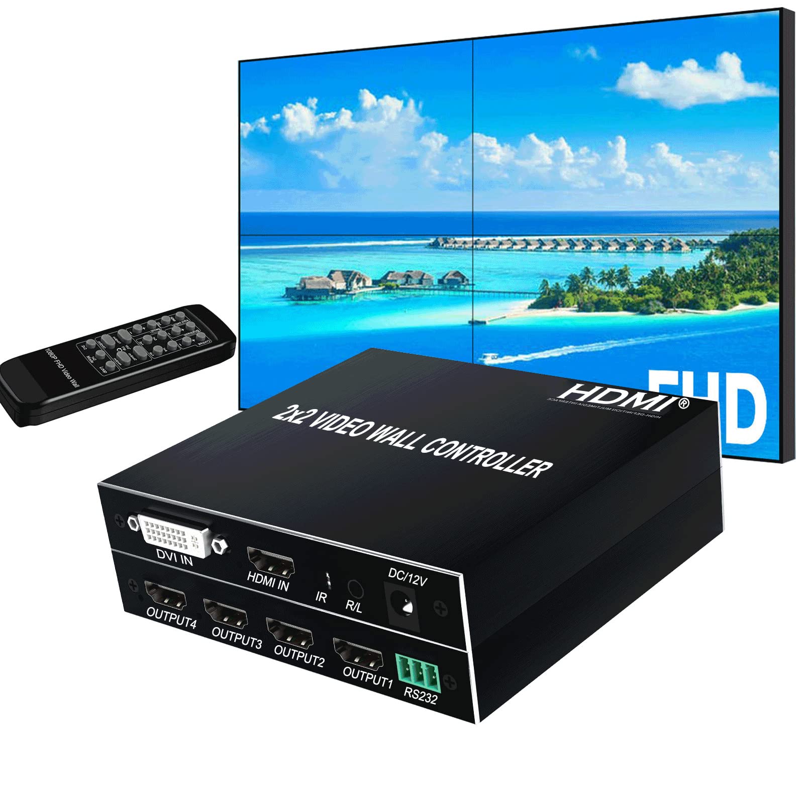 2x2 HDMI Video Wall Controller, HDMI & DVI Support 4K Input TV Wall Controller,1080P Output TV Wall Processor, IR Remote & RS232