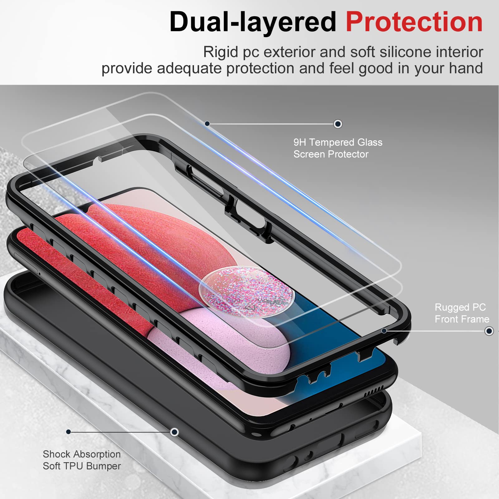 LeYi Samsung Galaxy A13 5G Case Full-Body Shockproof Liquid Silicone Black with 2 Tempered Glass Screen Protectors