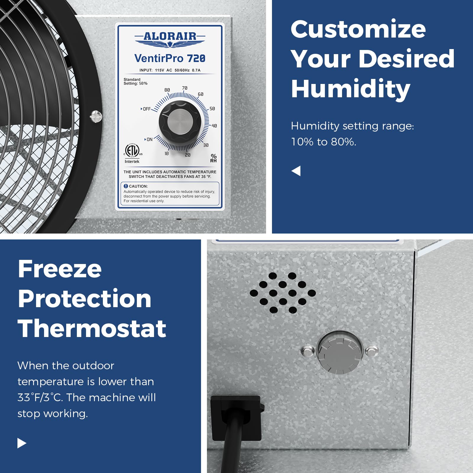 Alorair 720 Cfm High Flow Powered Crawl Space Ventilation Fan, Ip55 Rated 10'' Basements Vent Fan With Freeze Protection Thermos