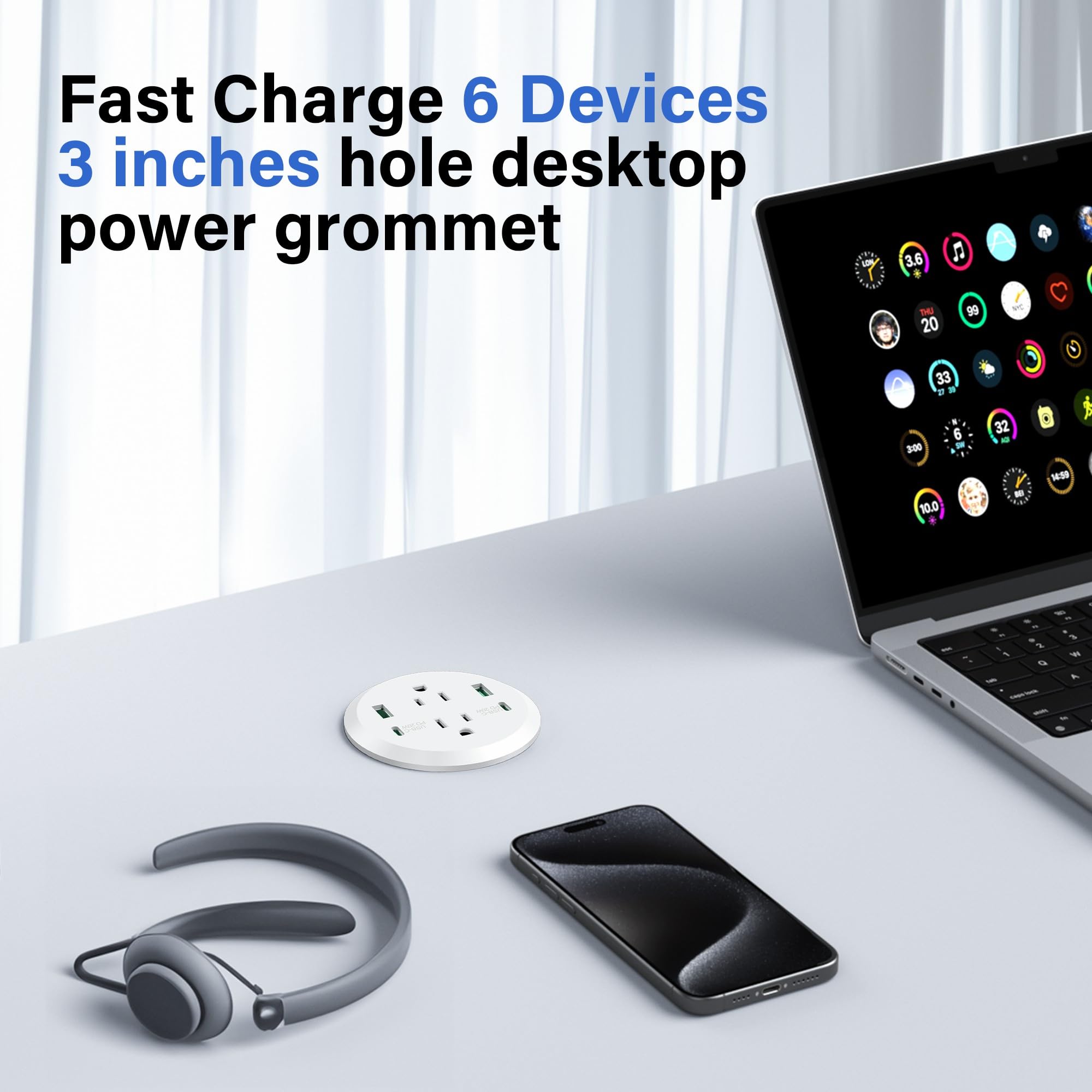 Desktop Power Grommet, 40W Fast Charging Station, 2 Ac Outlets, 4 Usb Ports, Flush Mount Power Grommet 3 Inch Hole, 2 Pd 20W Usb