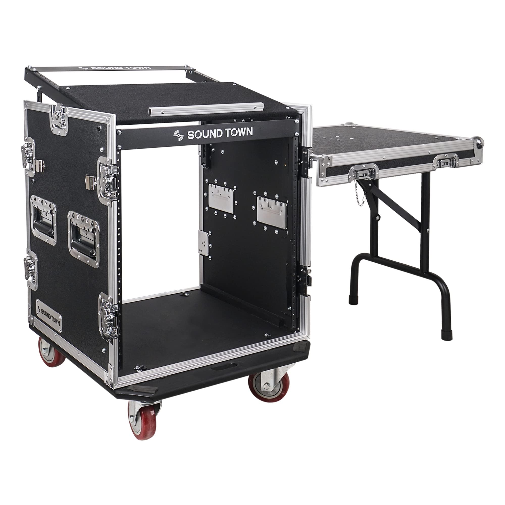 Sound Town Enhanced 1/2 (12mm) Plywood 12U PA DJ Rack/Road Case with 11U Slant Mixer Top, 20 Rackable Depth, DJ Work Table and 