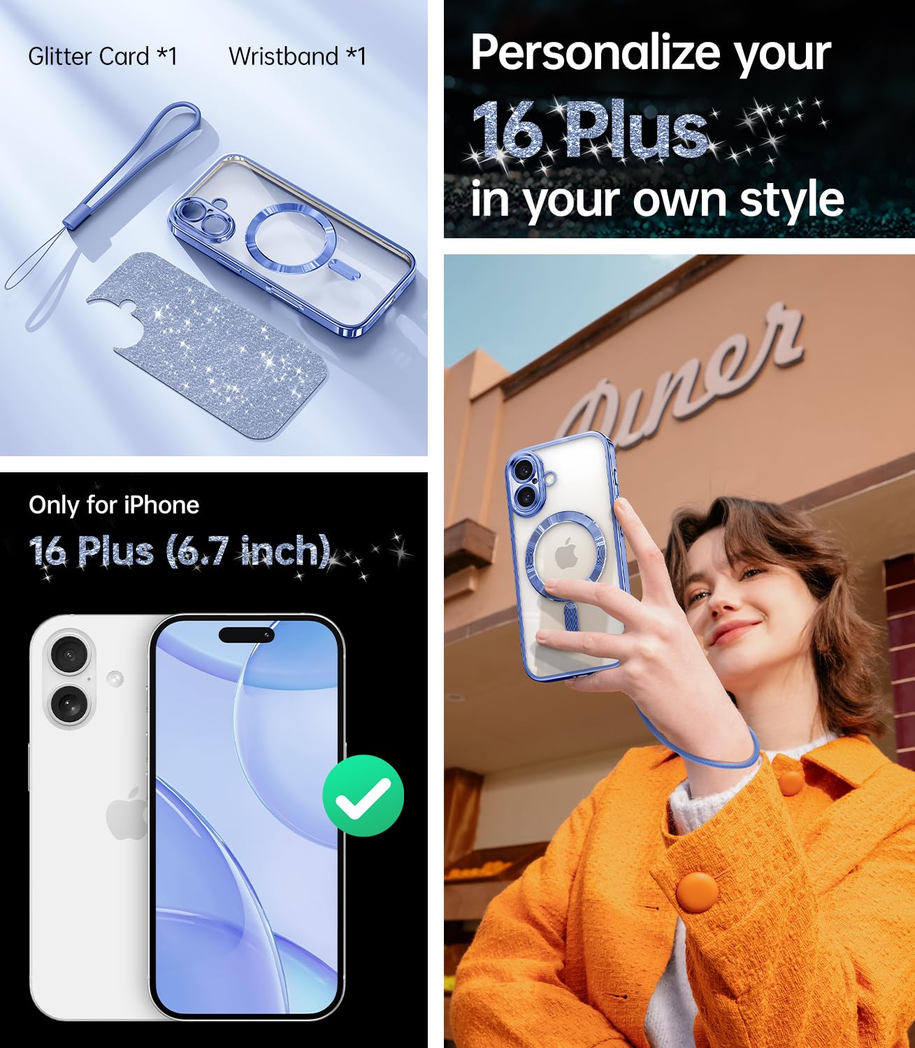 Meifigno Designed For Iphone 16 Plus Case 6.7'', [Glitter Card & Wrist Strap] [Compatible With Magsafe] Full Lens Protection Des