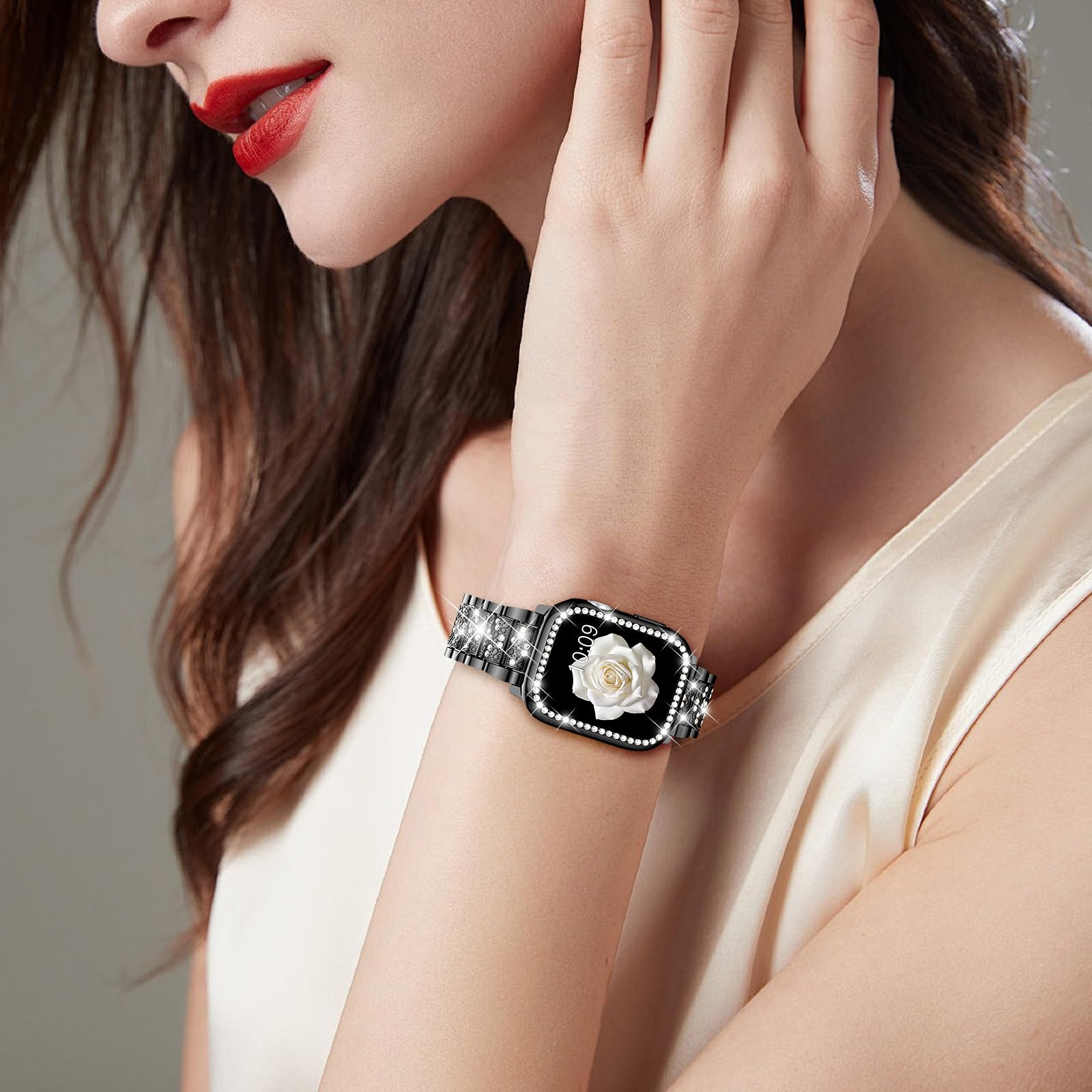 Mosonio Compatible With Apple Watch Band 45Mm Series 9/8/7 With Case Women, Jewelry Replacement Metal Wristband Strap With 2 Pac