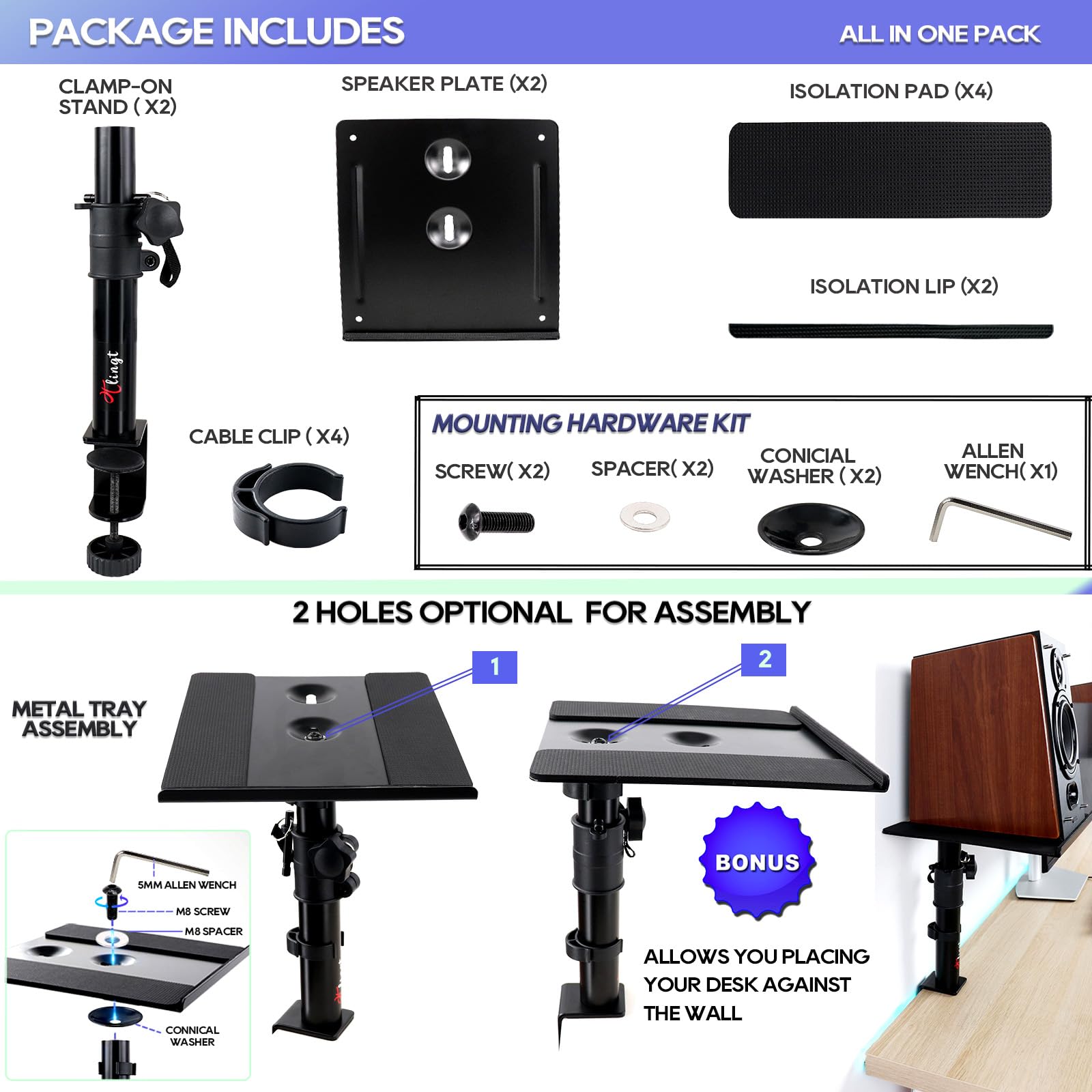 Desktop Speaker Stands Pair, Clamp-On Monitor Speaker Stand Riser Set Of 2, 6.7   X7.9    Metal Tray, -10 To +10 Tilt Angle, Ide