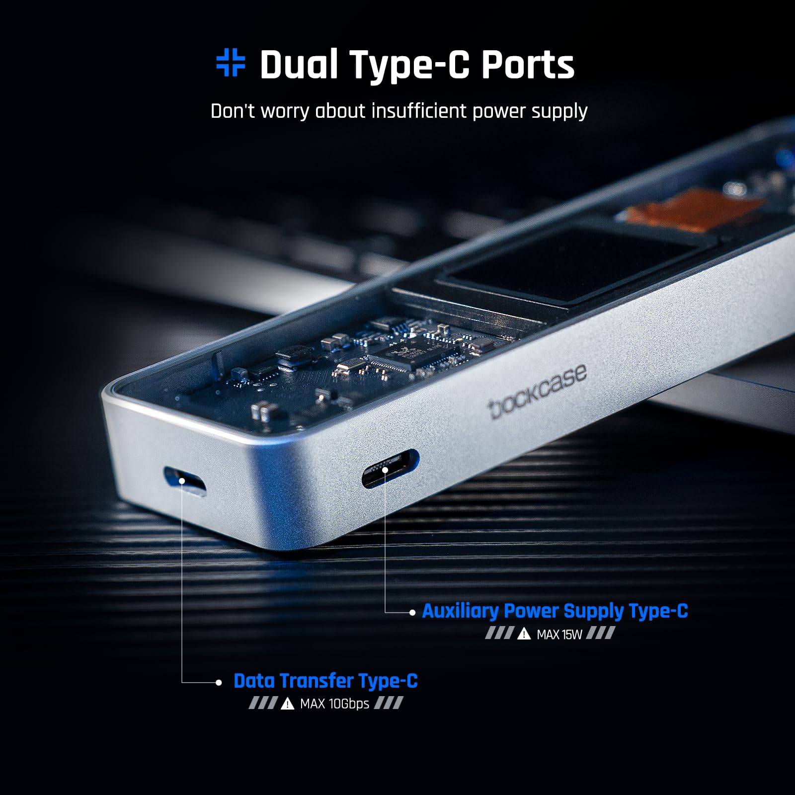 Dockcase M.2 NVMe SSD Enclosure - Model 10SPLP, USB 3.2 Gen 2 Type-C, Pro-Glossy Silver, Supports 2230/224