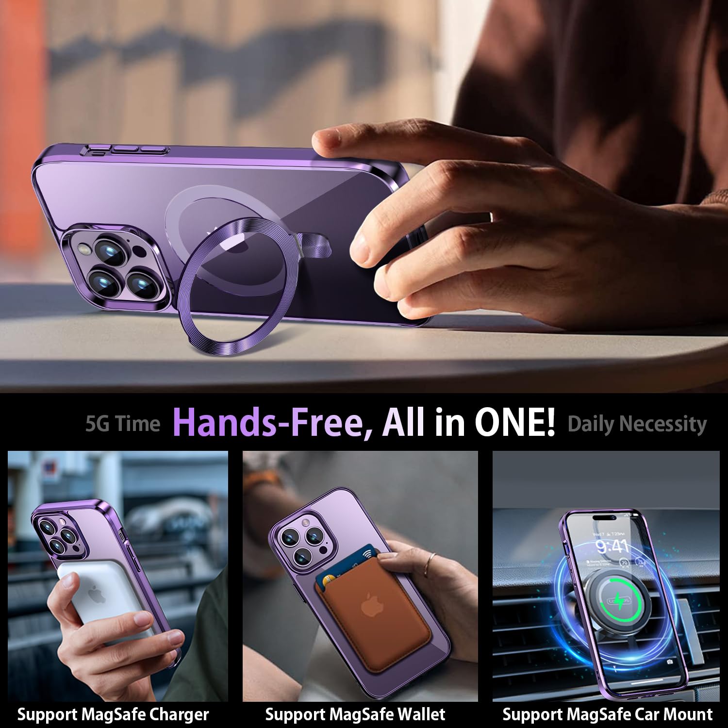 Tlikemiss [Cd Ring Compatible With Magsafe Invisible Stand] Magnetic For Iphone 14 Pro Case, [Electroplated Bumper Non Yellowing