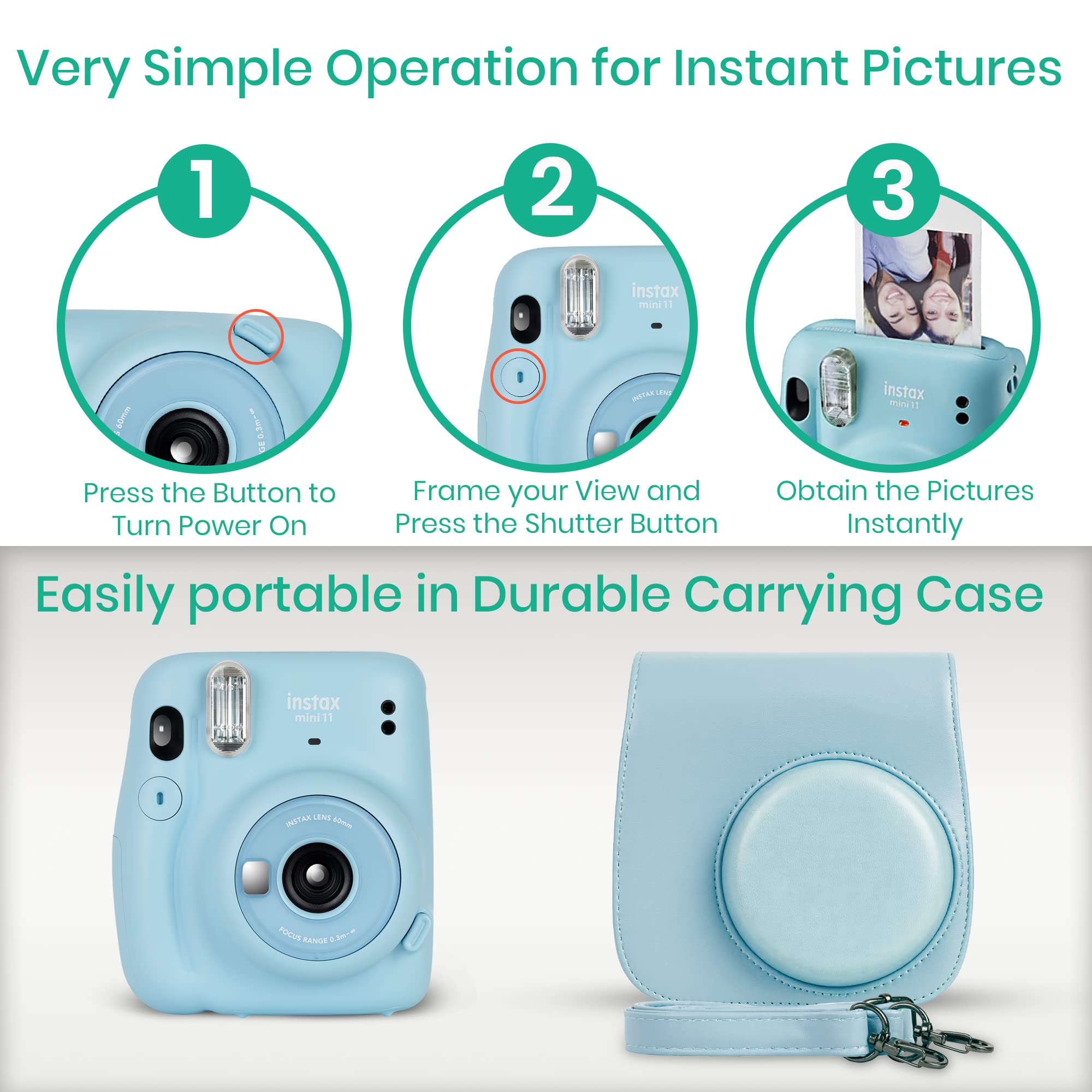 Fujifilm Instax Mini 11 Camera With Fujifilm Instant Mini Film (60 Sheets) Bundle With Deals Number One Accessories Including Ca