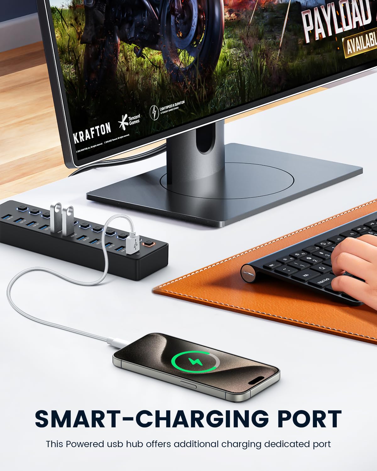 Usb Hub,Powered Usb Hub, 11 Port Hub Splitter,10 Usb 3.0 Data Transfer Port + 1 Smart Charging Port,Independent Switch (With Led