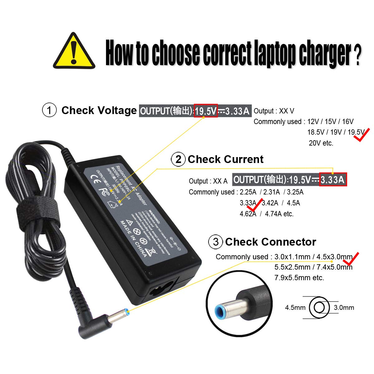 65W 19.5V 3.33A Ac Charger Compatible With Hp 15 F039Wm 15 F009Wm 15 F023Wm, Hp Chromebook 14 Q010Nr, Hp Pavilion 15 N000 Notebook, Hp Probook 430 440 450 455 G3, 710412 001 741727 001 Adapter