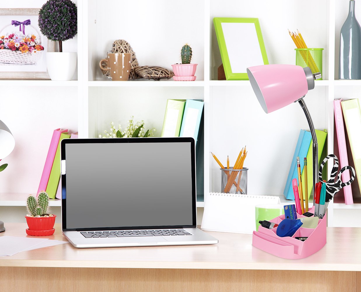 Limelights Ld1057 Pnk Gooseneck Organizer Desk Lamp With Ipad Tablet Stand Book Holder And Charging Outlet, Pink