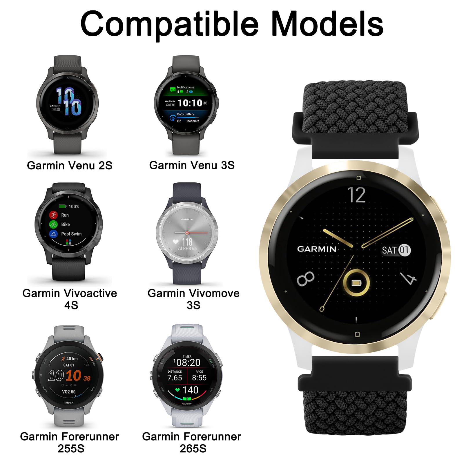 Magnetic Braided Watch Band Compatible With Garmin Venu 3S / Vivoactive 4S / Venu 2S / Vivomove 3S, 18Mm Replacement Wristband S