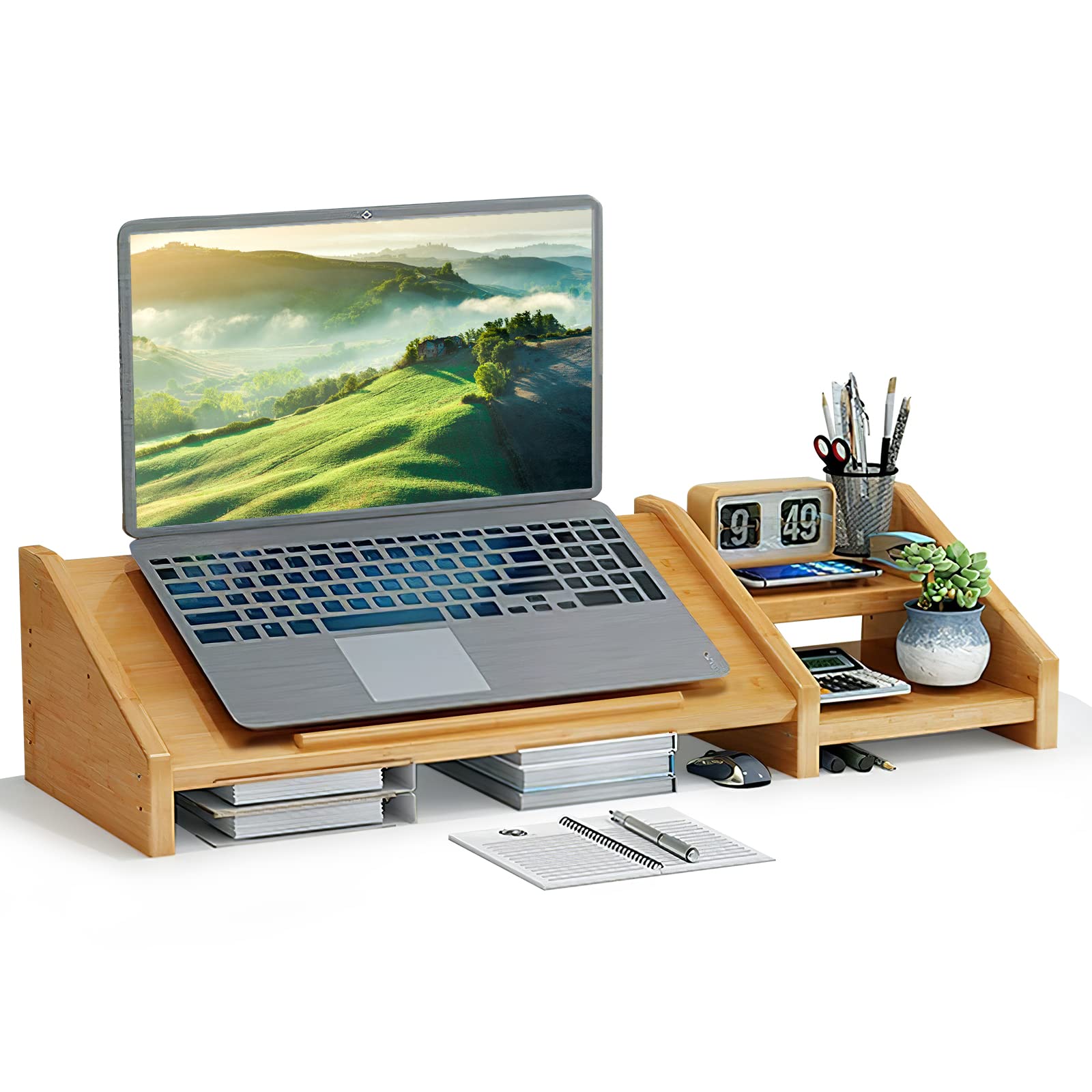Ufine Bamboo Laptop Stand for Desk with Storage Computer Monitor Riser