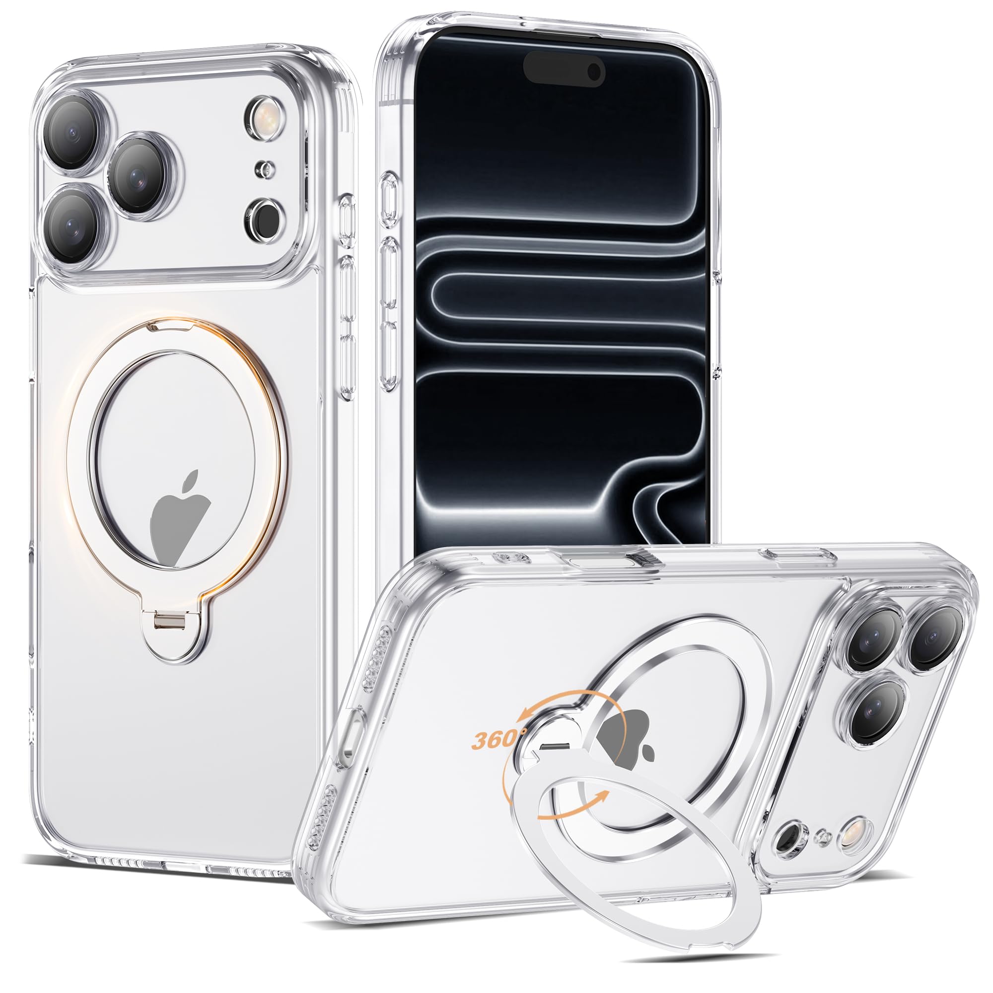 AmoraAqua Compatible with iPhone 17 Pro Max Case with 360 Spin Magnetic Ring Stand [Compatible with Mag-Safe] Full Camera Lens P
