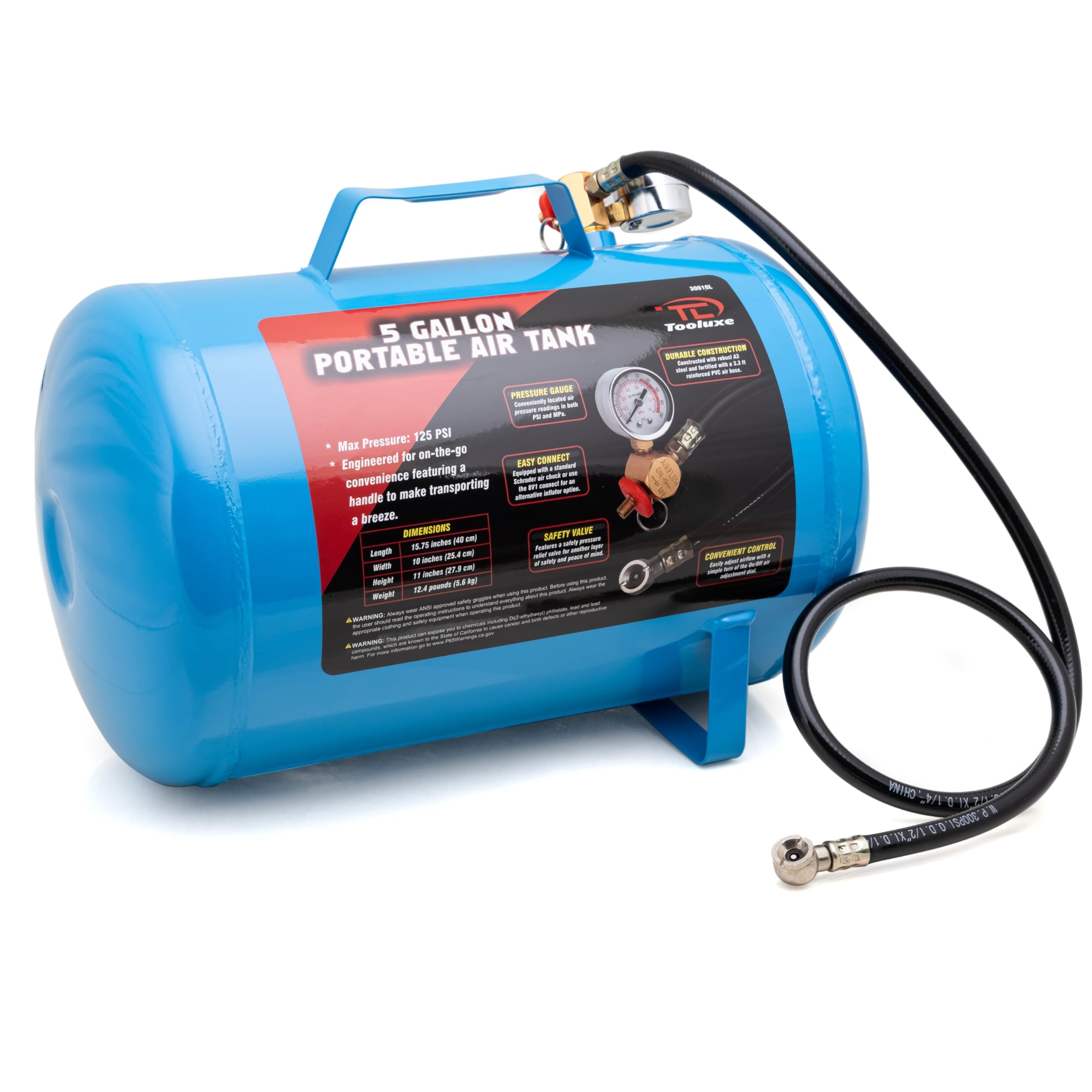 Tooluxe 30010L 5 Gallon Air Tank, Portable Air Tank, 125 Psi Maximum Pressure, Horizontal Air Compressor Tank, 1/4'' Npt 40 Inch