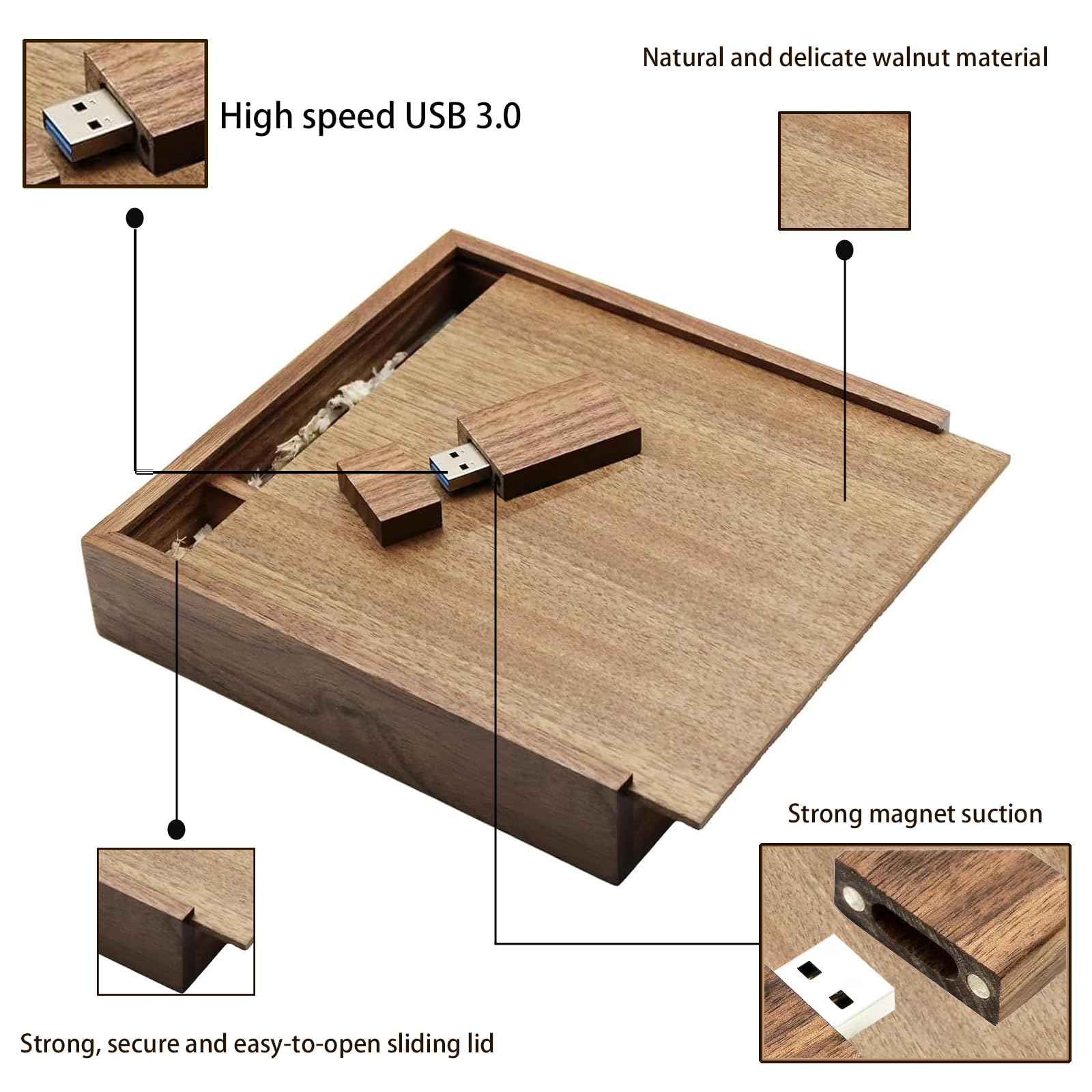 64Gb Usb 3.0 Flash Drive With Large Walnut Wood Gift Box Of Sliding Lid Tatmohik Memory Stick 64 Gb Thumb Drive, Usb Drive And B