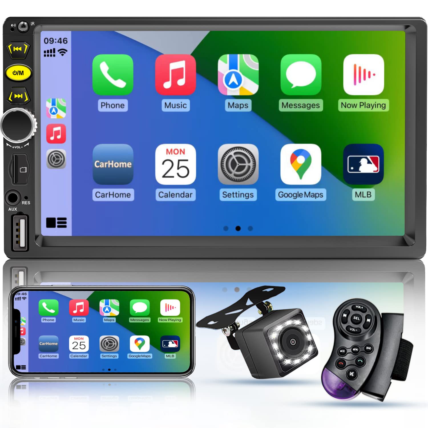7 Double Din Touch Screen Car Radio With Apple Carplay,7 Inch Bluetooth Car Stereo With Backup Camera, Fm Steering Wheel Control