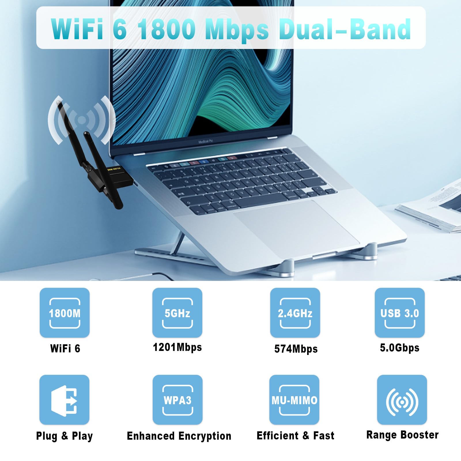 Usb Wifi Adapter For Pc   1800Mbps Usb 3.0 Wifi 6 Adapter For Desktop Pc Laptop With 2.4G/5G Dual 5Dbi Antennas, Wireless Networ