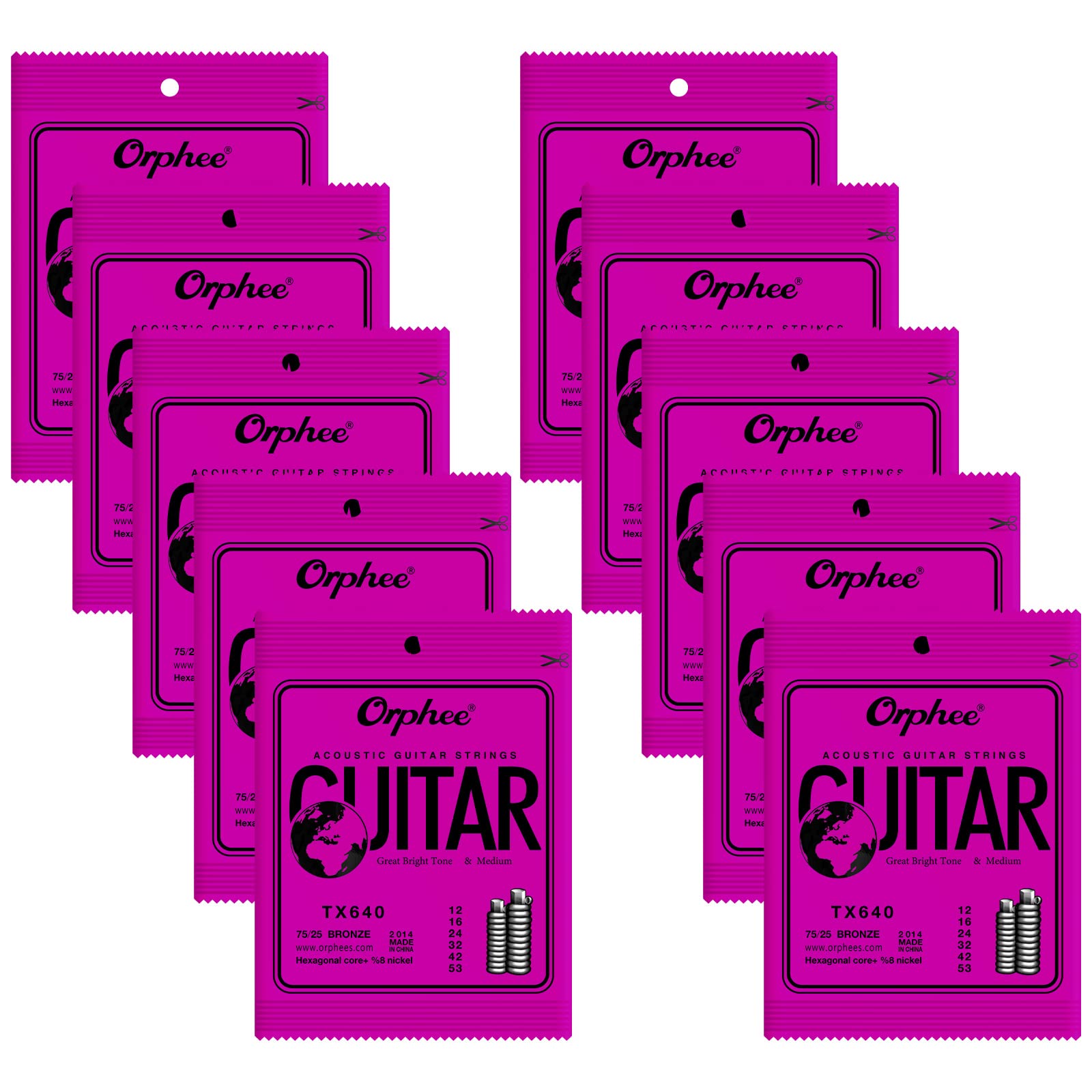 Pogolab Guitar Strings, Acoustic Guitar Strings, 6 Strings Set, Hexagonal Carbon Core 75/25 Bronze, Light, 12 53, 10 Packs