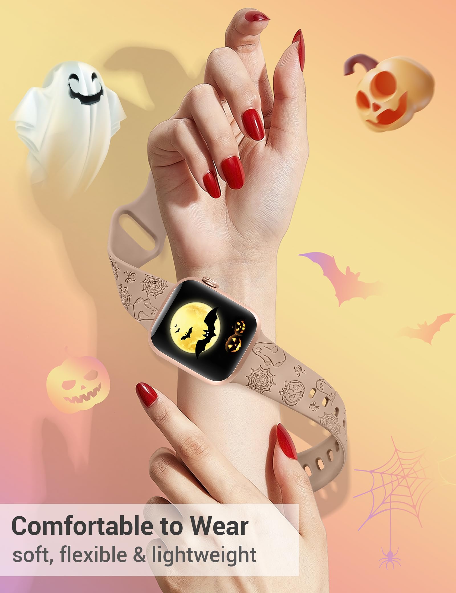 W Rara Halloween Engraved Band Compatible With Apple Watch Band 38/40/41/42/44/45/46/49Mm For Women Men, Soft Silicone Pumpkin G