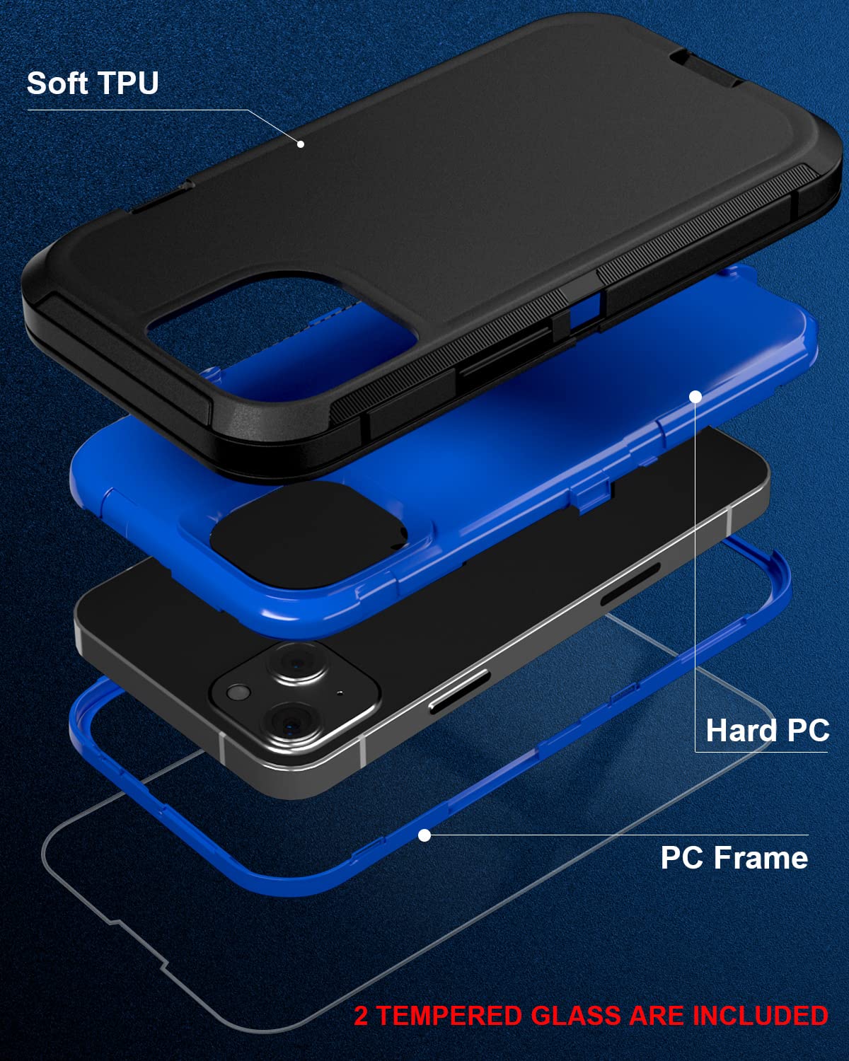 DHCALL iPhone 13 Heavy Duty Military-Grade Drop Protection Phone Case with 2 Tempered Glass Screen Protectors PC TPU Black Blue 6.1"