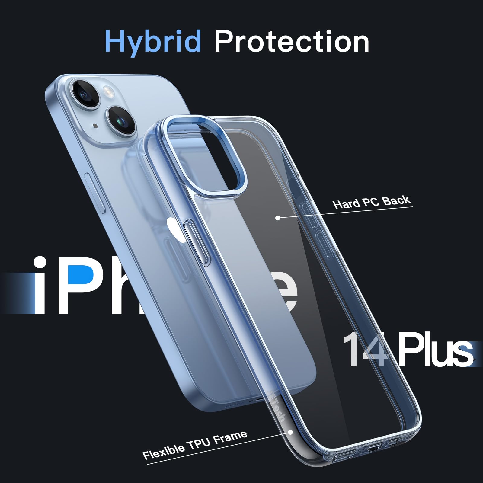 Jetech Case For Iphone 14 Plus 6.7 Inch, Non Yellowing Shockproof Phone Bumper Cover, Anti Scratch Clear Back (Sierra Blue)