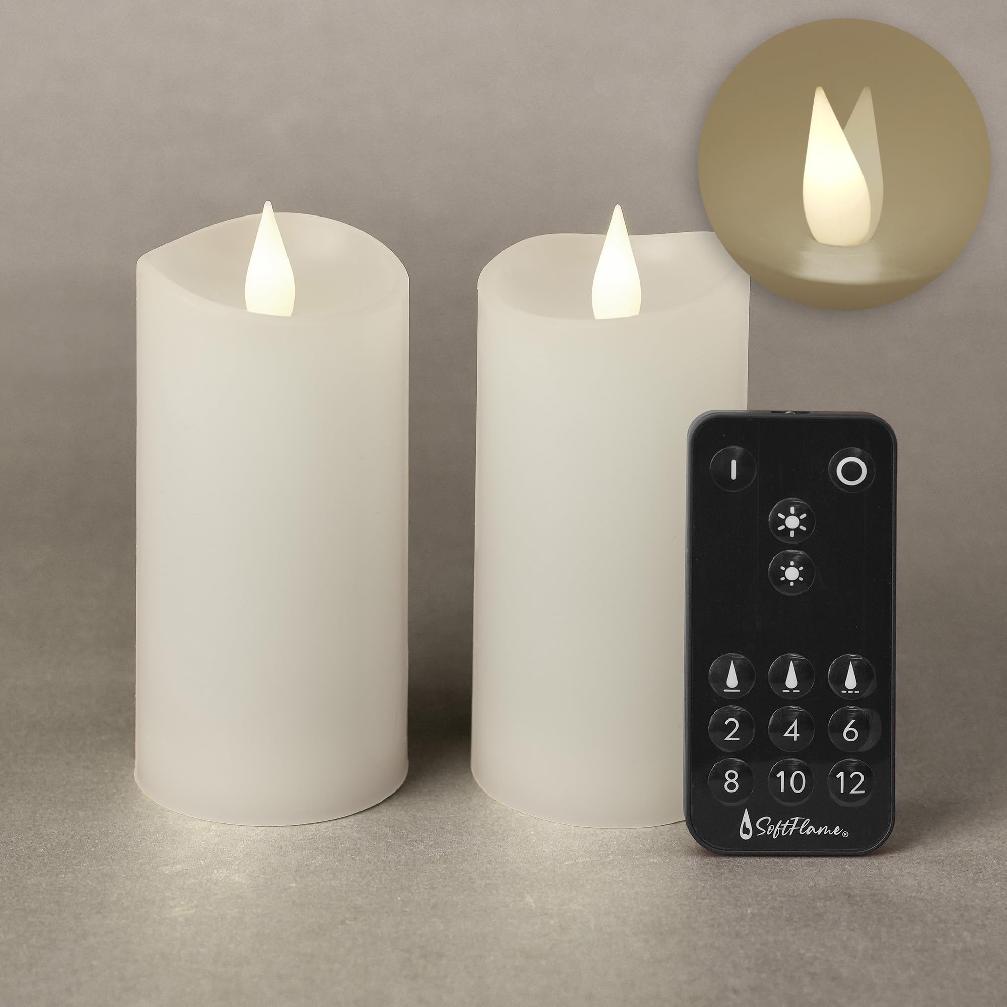 Softflame Flameless Candle Set  2.25''X 4.2''White Set Of 2   Flickering Moving Flame Pillar Candle, Includes Remote Control   R